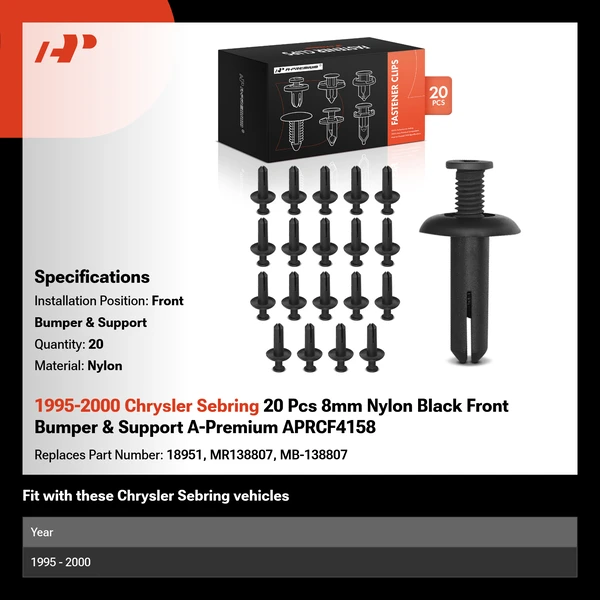 1995-2000 Chrysler Sebring 20 Pcs 8mm Nylon Black Front Bumper & Support A-Premium APRCF4158