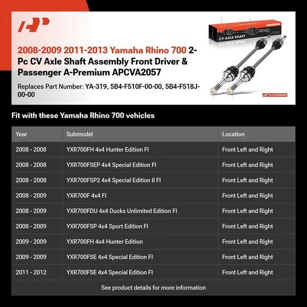 2008-2009 2011-2013 Yamaha Rhino 700 2-Pc CV Axle Shaft Assembly Front Driver & Passenger A-Premium APCVA2057