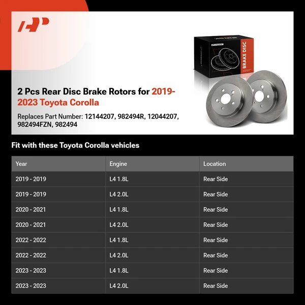 2 Pcs Rear Disc Brake Rotors for 2019-2023 Toyota Corolla