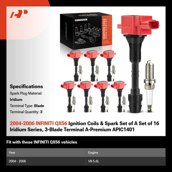 2004-2006 INFINITI QX56 Ignition Coils & Spark Set of A Set of 16 Iridium Series, 3-Blade Terminal A-Premium APIC1401