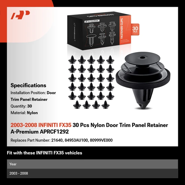 2003-2008 INFINITI FX35 30 Pcs Nylon Door Trim Panel Retainer A-Premium APRCF1292