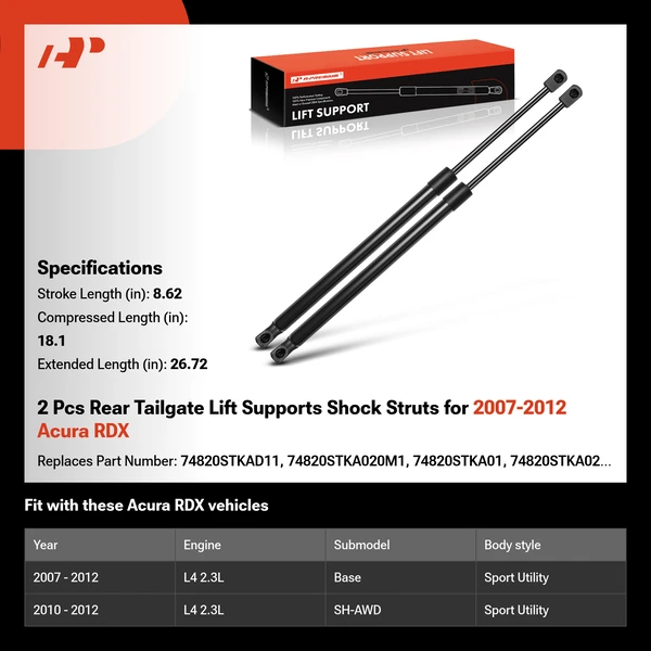 2 Pcs Rear Tailgate Lift Supports Shock Struts for 2007-2012 Acura RDX