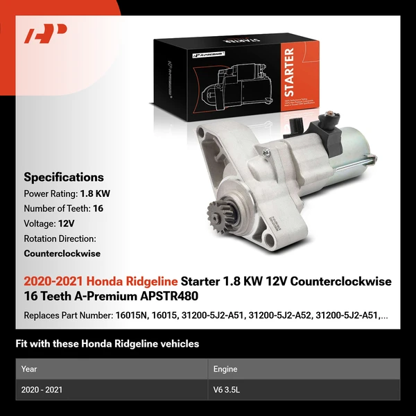 2020-2021 Honda Ridgeline Starter 1.8 KW 12V Counterclockwise 16 Teeth A-Premium APSTR480