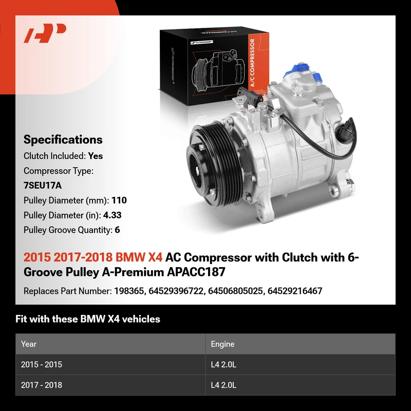 2015 2017-2018 BMW X4 AC Compressor with Clutch with 6-Groove Pulley A-Premium APACC187