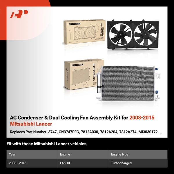 AC Condenser & Dual Cooling Fan Assembly Kit for 2008-2015 Mitsubishi Lancer