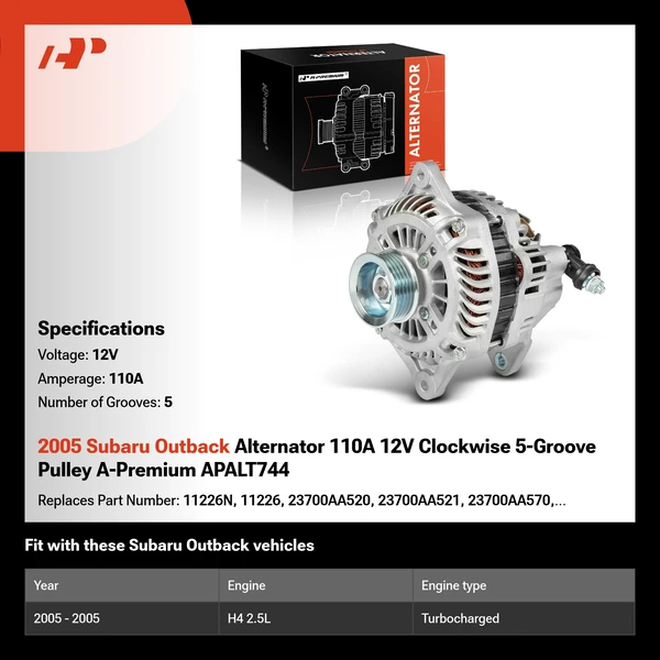 2005 Subaru Outback Alternator 110A 12V Clockwise 5-Groove Pulley A-Premium APALT744