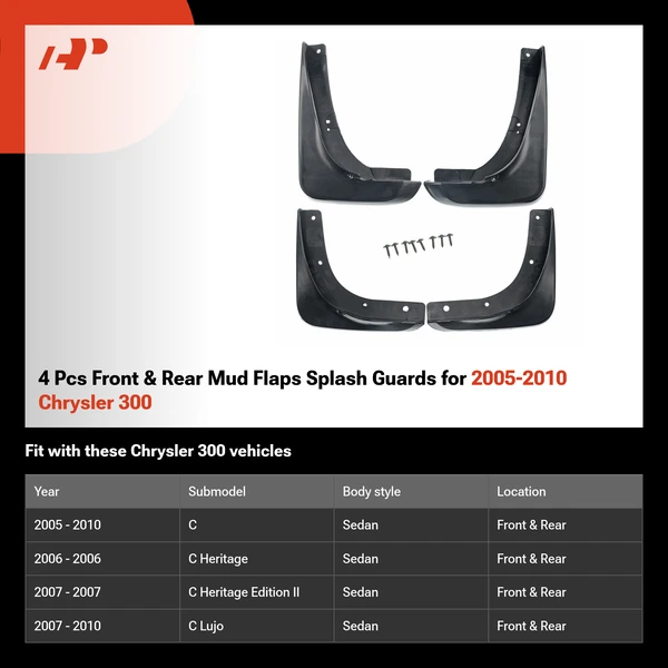 4 Pcs Front & Rear Mud Flaps Splash Guards for 2005-2010 Chrysler 300