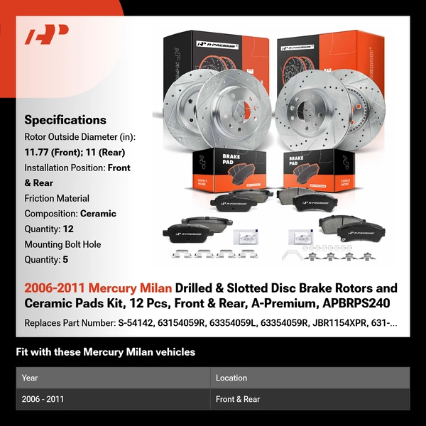 2006-2011 Mercury Milan Drilled & Slotted Disc Brake Rotors and Ceramic Pads Kit, 12 Pcs, Front & Rear, A-Premium, APBRPS240