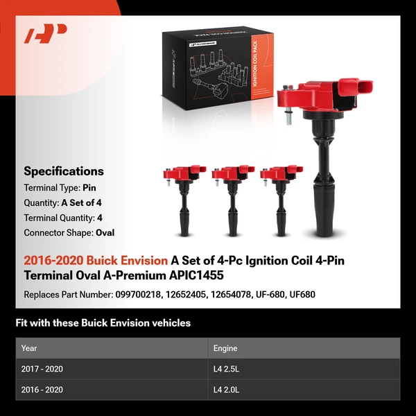 2016-2020 Buick Envision A Set of 4-Pc Ignition Coil 4-Pin Terminal Oval A-Premium APIC1455