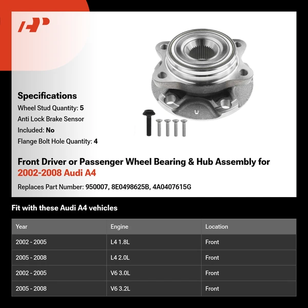 Front Driver or Passenger Wheel Bearing & Hub Assembly for 2002-2008 Audi A4