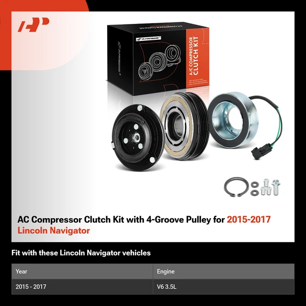 AC Compressor Clutch Kit with 4-Groove Pulley for 2015-2017 Lincoln Navigator