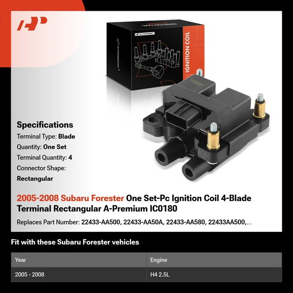 2005-2008 Subaru Forester One Set-Pc Ignition Coil 4-Blade Terminal Rectangular A-Premium IC0180