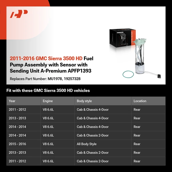 2011-2016 GMC Sierra 3500 HD Fuel Pump Assembly with Sensor with Sending Unit A-Premium APFP1393