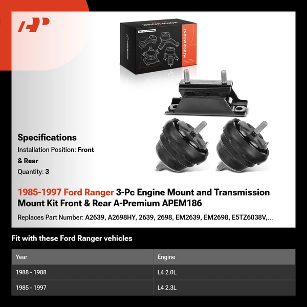 1985-1997 Ford Ranger 3-Pc Engine Mount and Transmission Mount Kit Front & Rear A-Premium APEM186