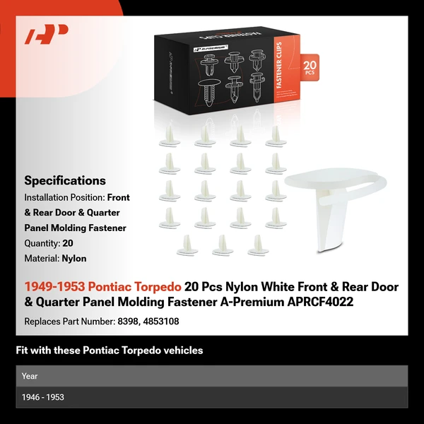 1949-1953 Pontiac Torpedo 20 Pcs Nylon White Front & Rear Door & Quarter Panel Molding Fastener A-Premium APRCF4022