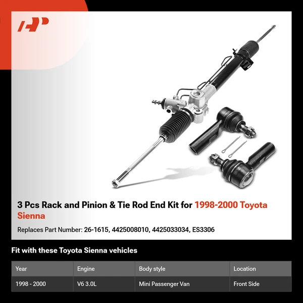 3 Pcs Rack and Pinion & Tie Rod End Kit for 1998-2000 Toyota Sienna