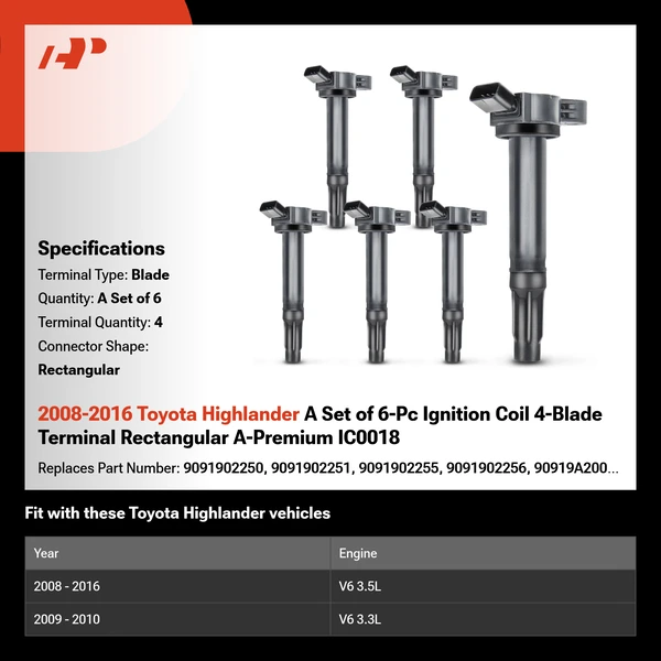 2008-2016 Toyota Highlander A Set of 6-Pc Ignition Coil 4-Blade Terminal Rectangular A-Premium IC0018