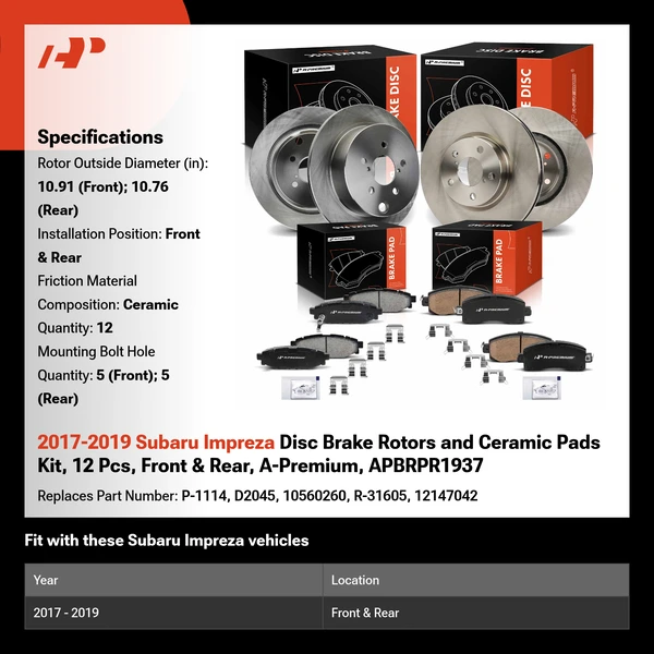 2017-2019 Subaru Impreza Disc Brake Rotors and Ceramic Pads Kit, 12 Pcs, Front & Rear, A-Premium, APBRPR1937