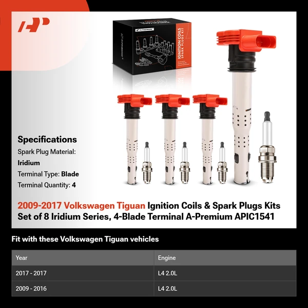 2009-2017 Volkswagen Tiguan Ignition Coils & Spark Plugs Kits Set of 8 Iridium Series, 4-Blade Terminal A-Premium APIC1541