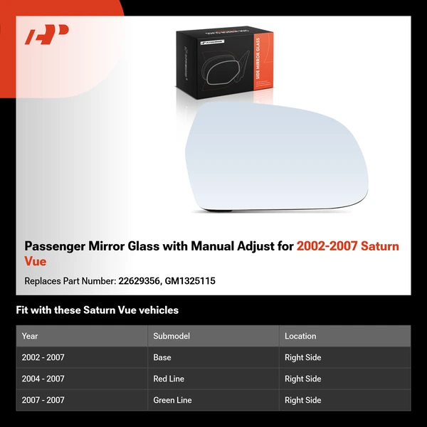 Passenger Mirror Glass with Manual Adjust for 2002-2007 Saturn Vue