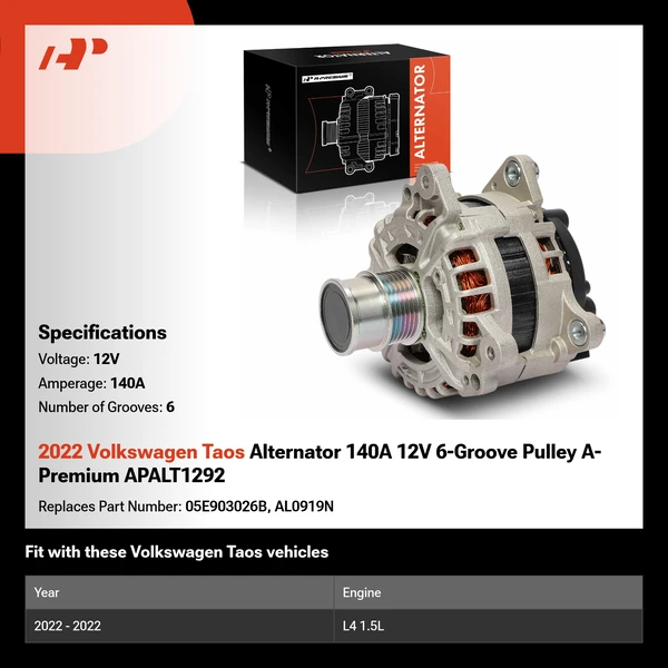 2022 Volkswagen Taos Alternator 140A 12V 6-Groove Pulley A-Premium APALT1292