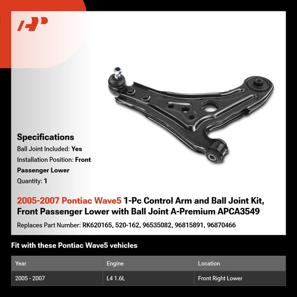 2005-2007 Pontiac Wave5 1-Pc Control Arm and Ball Joint Kit, Front Passenger Lower with Ball Joint A-Premium APCA3549