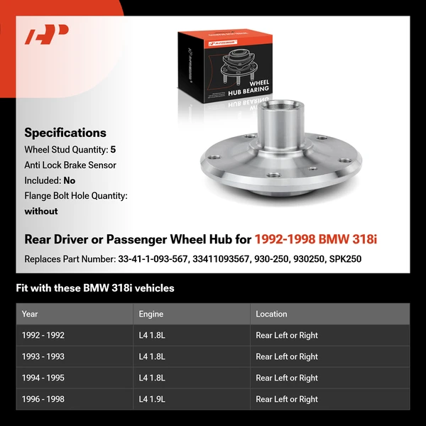 Rear Driver or Passenger Wheel Hub for 1992-1998 BMW 318i