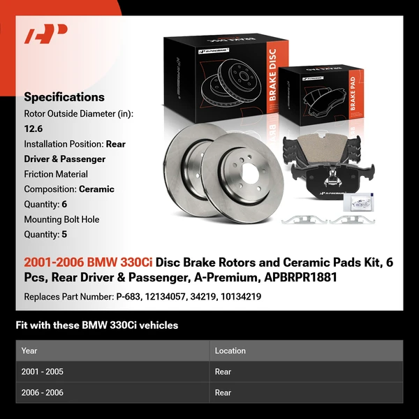 2001-2006 BMW 330Ci Disc Brake Rotors and Ceramic Pads Kit, 6 Pcs, Rear Driver & Passenger, A-Premium, APBRPR1881