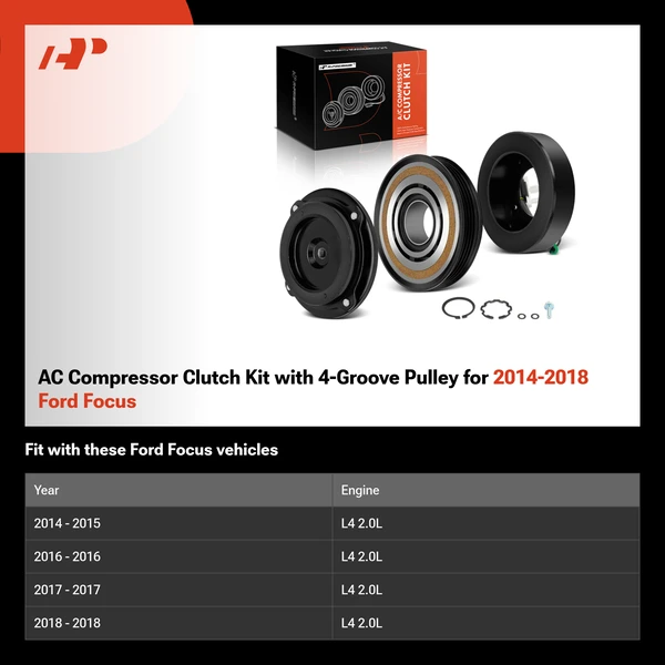 AC Compressor Clutch Kit with 4-Groove Pulley for 2014-2018 Ford Focus