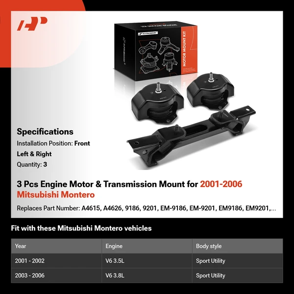 2001-2006 Mitsubishi Montero 3-Pc Engine Mount and Transmission Mount Kit Front Left & Right A-Premium APEM780
