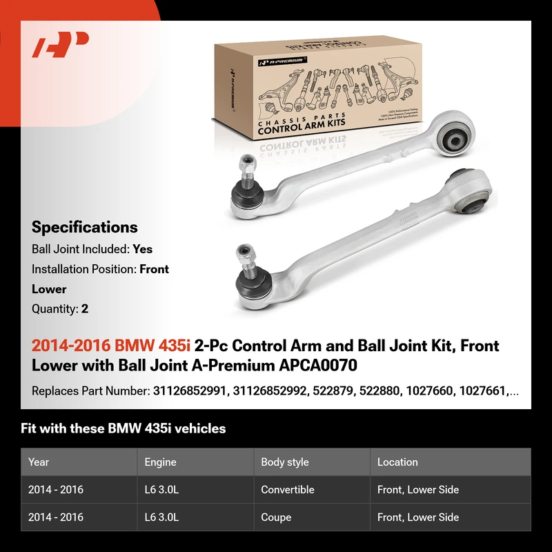 2014-2016 BMW 435i 2-Pc Control Arm and Ball Joint Kit, Front Lower with Ball Joint A-Premium APCA0070