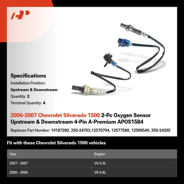 2006-2007 Chevrolet Silverado 1500 2-Pc Oxygen Sensor Upstream & Downstream 4-Pin A-Premium APOS1584