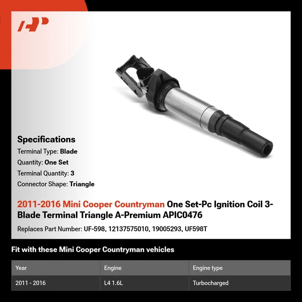 2011-2016 Mini Cooper Countryman One Set-Pc Ignition Coil 3-Blade Terminal Triangle A-Premium APIC0476