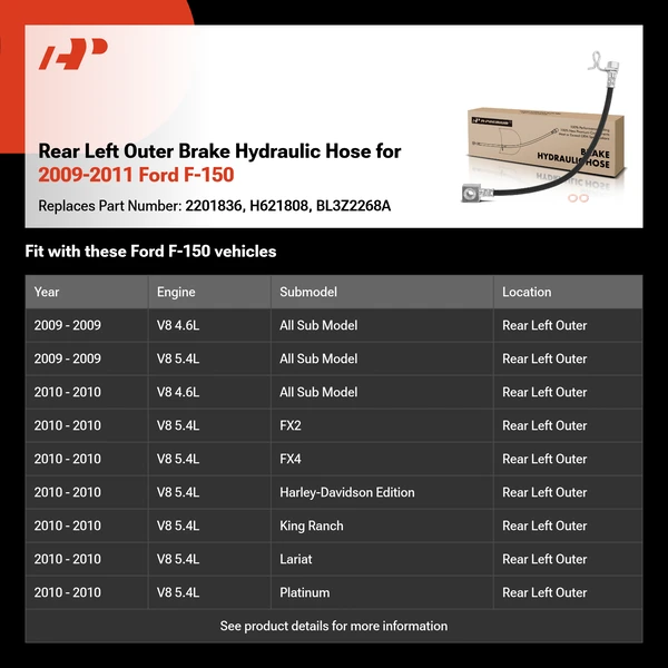 Rear Left Outer Brake Hydraulic Hose for 2009-2011 Ford F-150