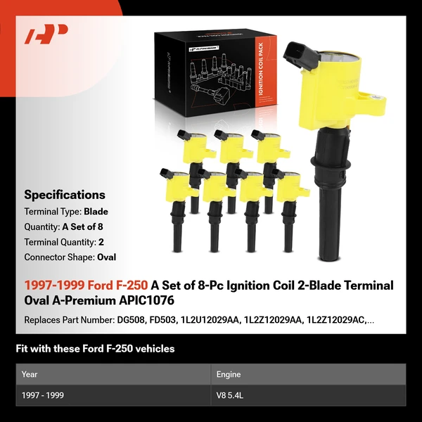 1997-1999 Ford F-250 A Set of 8-Pc Ignition Coil 2-Blade Terminal Oval A-Premium APIC1076