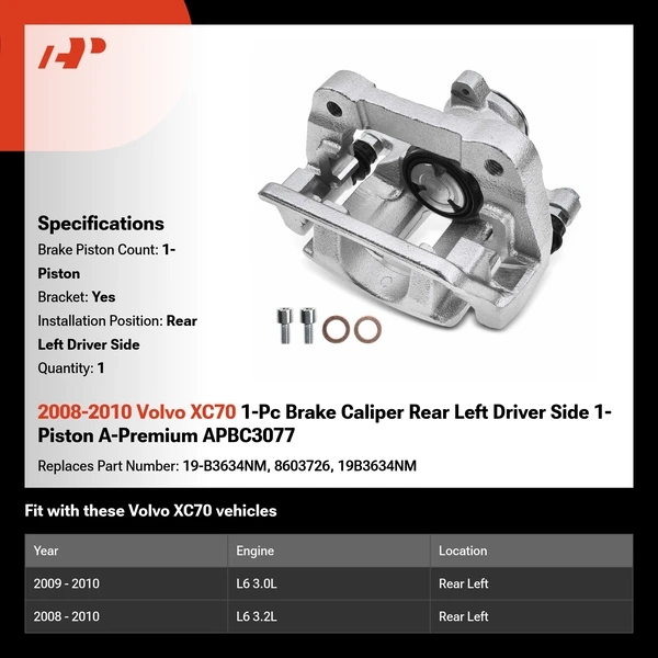 2008-2010 Volvo XC70 1-Pc Brake Caliper Rear Left Driver Side 1-Piston A-Premium APBC3077