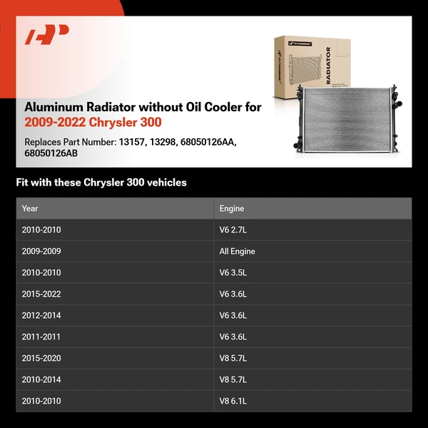 Aluminum Radiator without Oil Cooler for 2009-2022 Chrysler 300