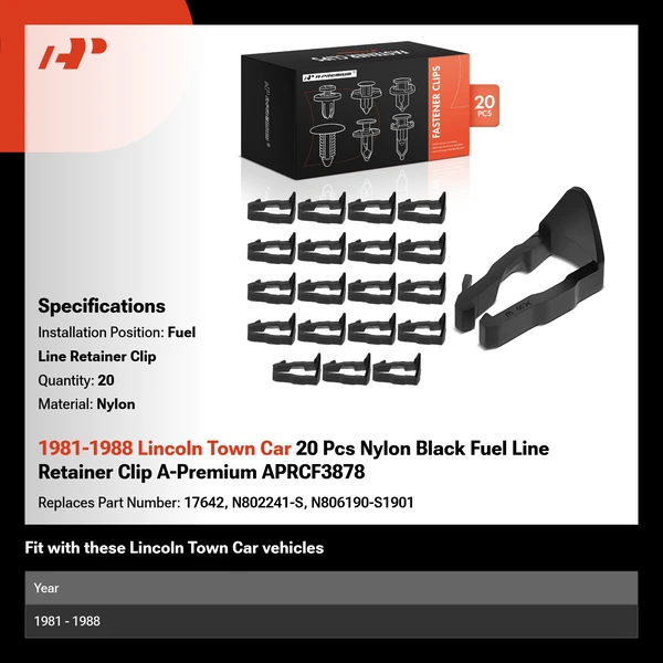 1981-1988 Lincoln Town Car 20 Pcs Nylon Black Fuel Line Retainer Clip A-Premium APRCF3878
