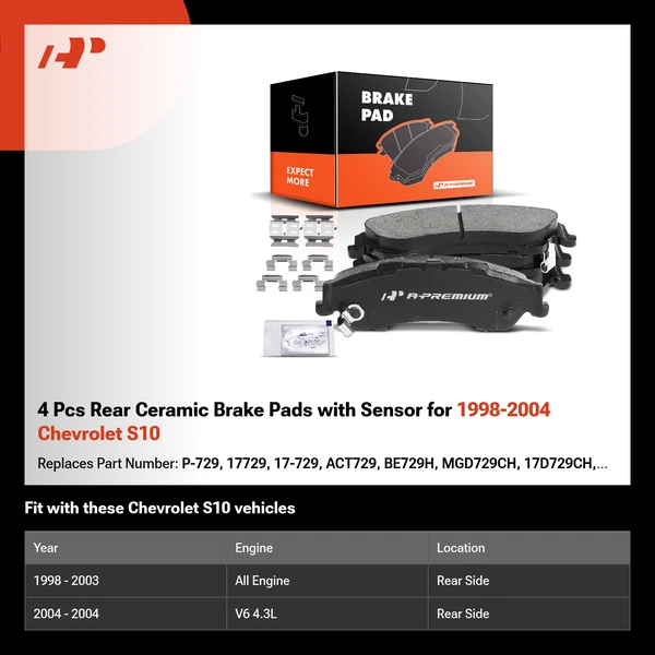 4 Pcs Rear Ceramic Brake Pads with Sensor for 1998-2004 Chevrolet S10
