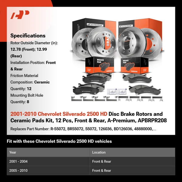 2001-2010 Chevrolet Silverado 2500 HD Disc Brake Rotors and Ceramic Pads Kit, 12 Pcs, Front & Rear, A-Premium, APBRPR208