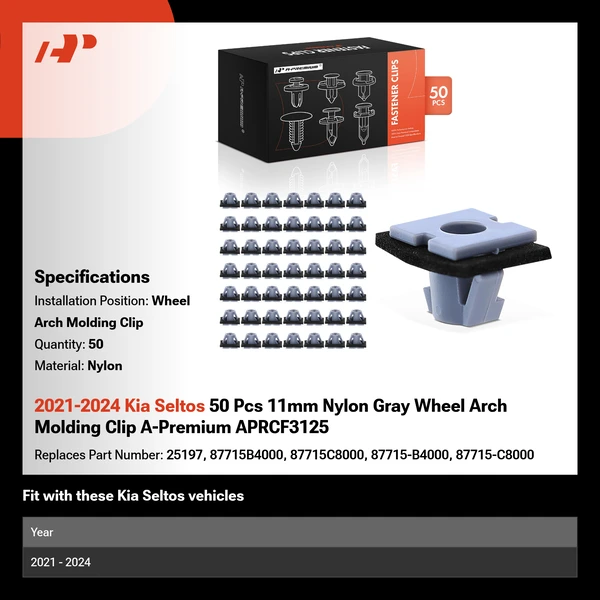 2021-2024 Kia Seltos 50 Pcs 11mm Nylon Gray Wheel Arch Molding Clip A-Premium APRCF3125