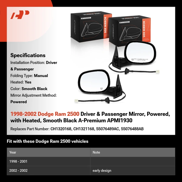 1998-2002 Dodge Ram 2500 Driver & Passenger Mirror, Powered, with Heated, Smooth Black A-Premium APMI1930