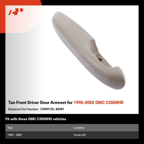 Tan Front Driver Door Armrest for 1995-2002 GMC C3500HD