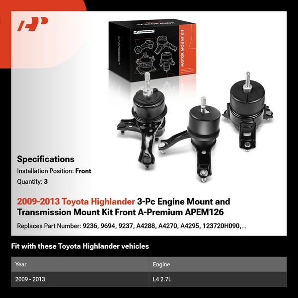 2009-2013 Toyota Highlander 3-Pc Engine Mount and Transmission Mount Kit Front A-Premium APEM126