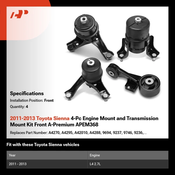 2011-2013 Toyota Sienna 4-Pc Engine Mount and Transmission Mount Kit Front A-Premium APEM368