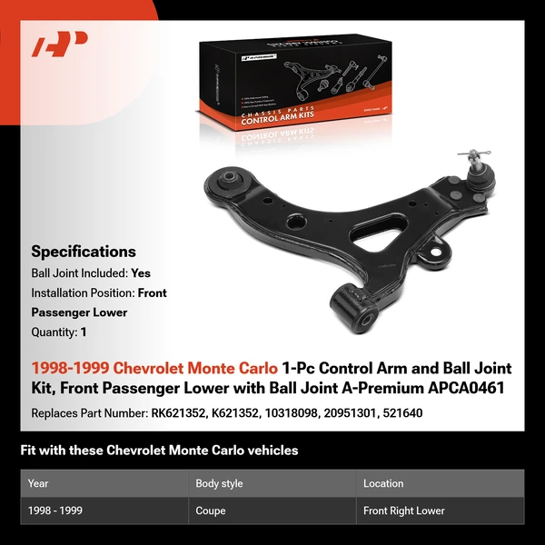 1998-1999 Chevrolet Monte Carlo 1-Pc Control Arm and Ball Joint Kit, Front Passenger Lower with Ball Joint A-Premium APCA0461