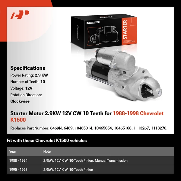 Starter Motor 2.9KW 12V CW 10 Teeth for 1988-1998 Chevrolet K1500