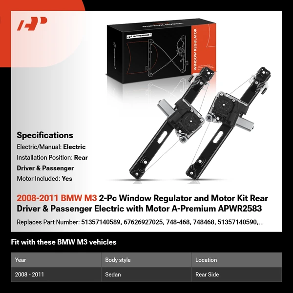 2008-2011 BMW M3 2-Pc Window Regulator and Motor Kit Rear Driver & Passenger Electric with Motor A-Premium APWR2583