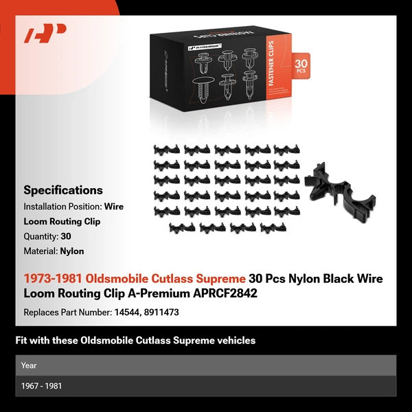 1973-1981 Oldsmobile Cutlass Supreme 30 Pcs Nylon Black Wire Loom Routing Clip A-Premium APRCF2842