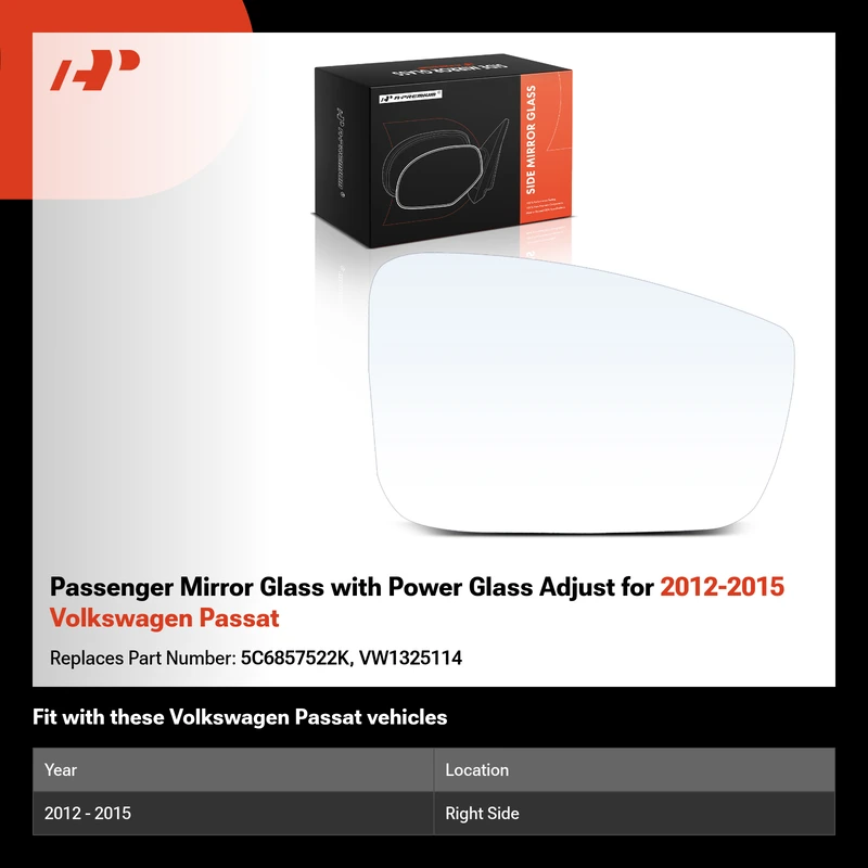 Passenger Mirror Glass with Power Glass Adjust for 2012-2015 Volkswagen Passat